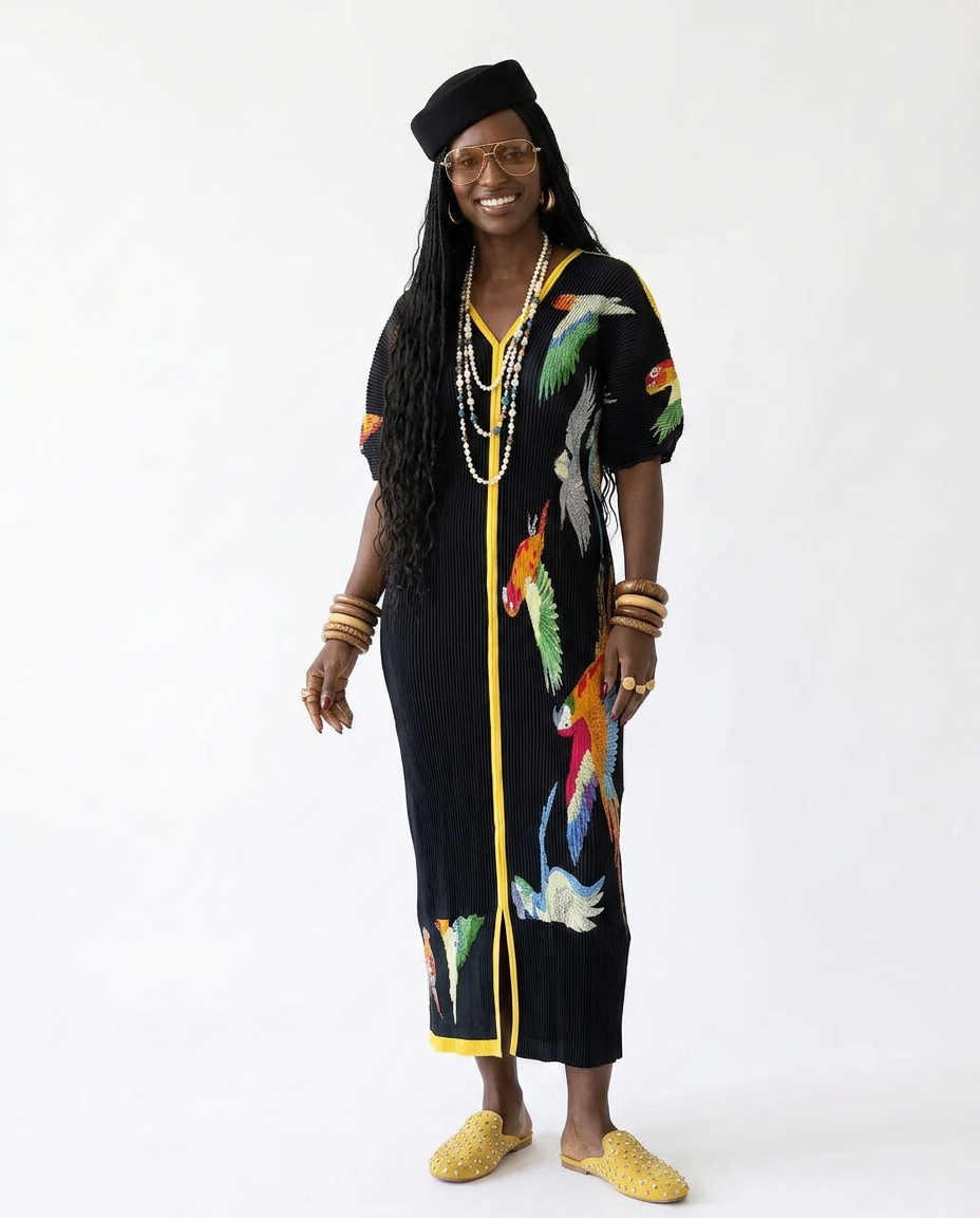 Pleated Bird Print Kaftan