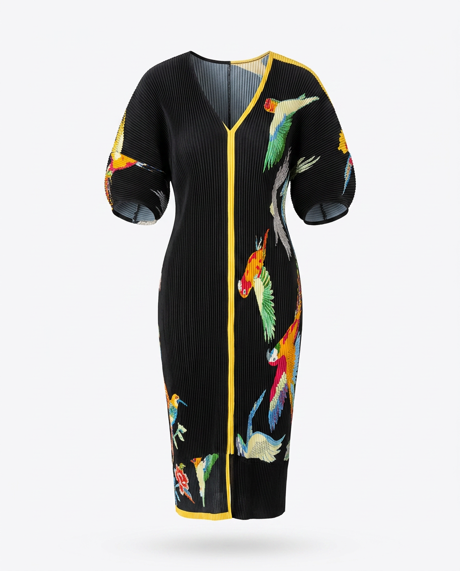Pleated Bird Print Kaftan