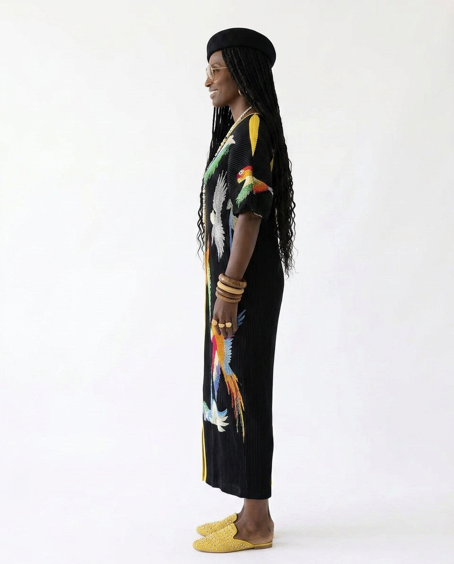 Pleated Bird Print Kaftan