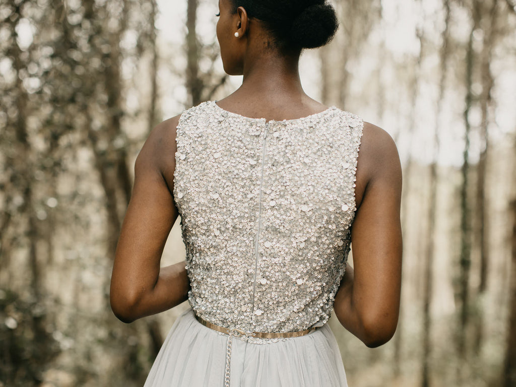 Grey Beaded Tulle Mini Dress