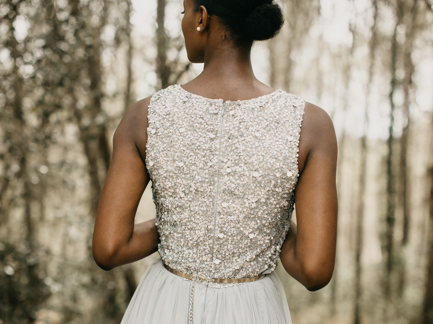 Grey Beaded Tulle Mini Dress