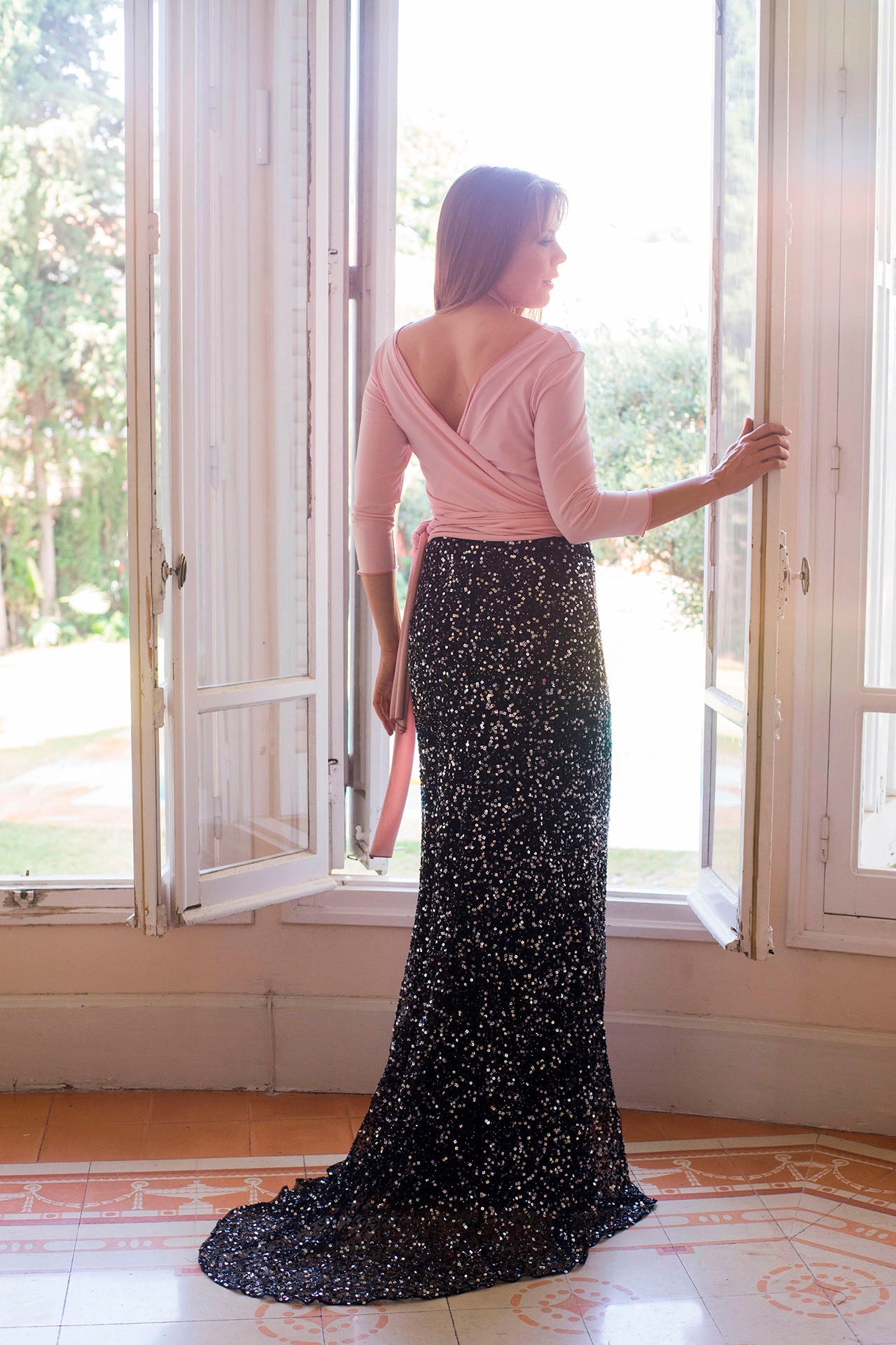 Black Polyester Midi Skirt