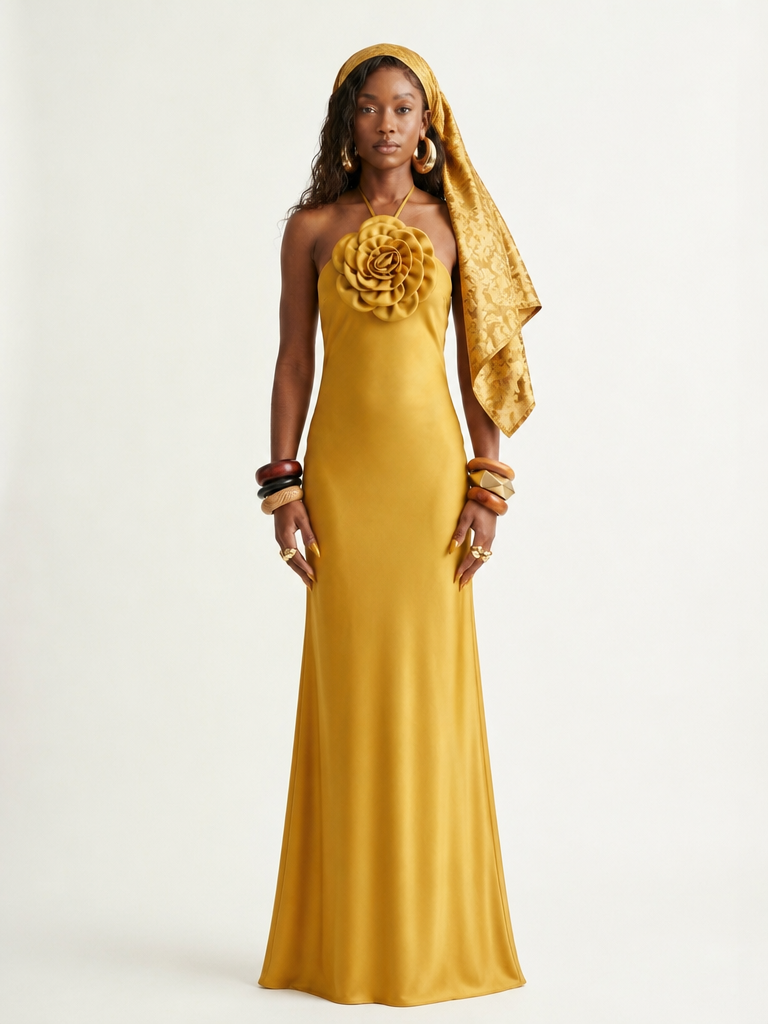 Gold Halter Floral Maxi Dress