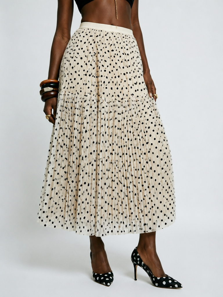 Polka Dot Mesh Midi Skirt