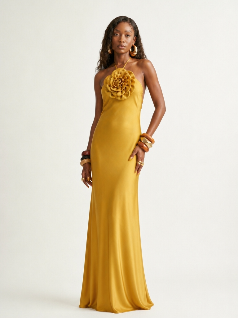 Gold Halter Floral Maxi Dress
