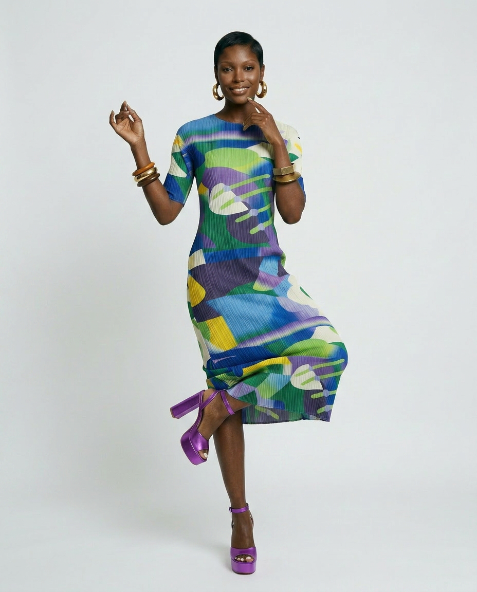 Pleated Abstract Midi Dress