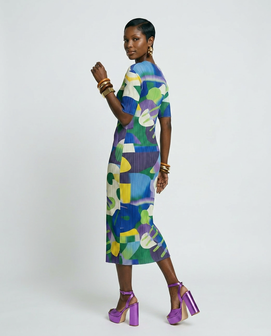 Pleated Abstract Midi Dress