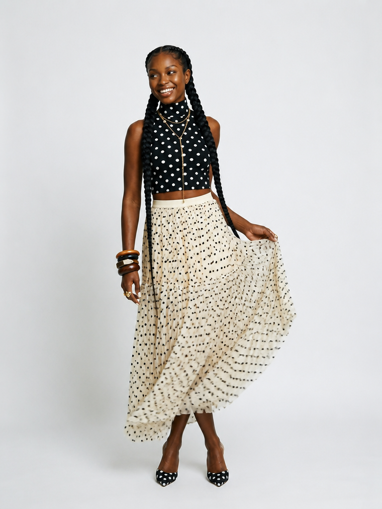 Polka Dot Mesh Midi Skirt