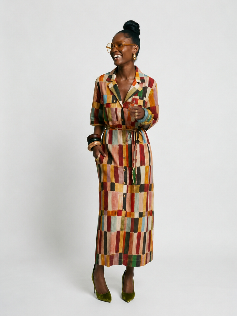 Plaid Linen Blend Maxi Dress