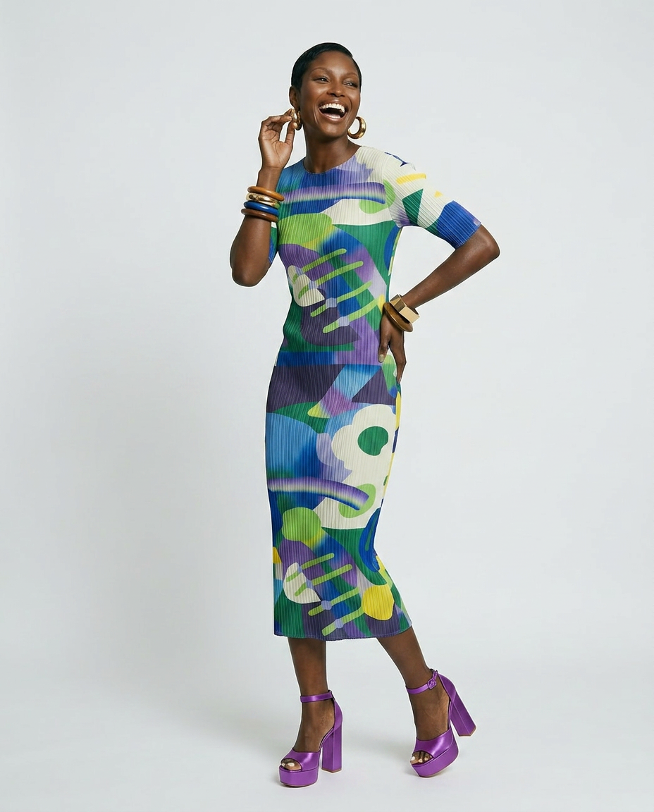Pleated Abstract Midi Dress