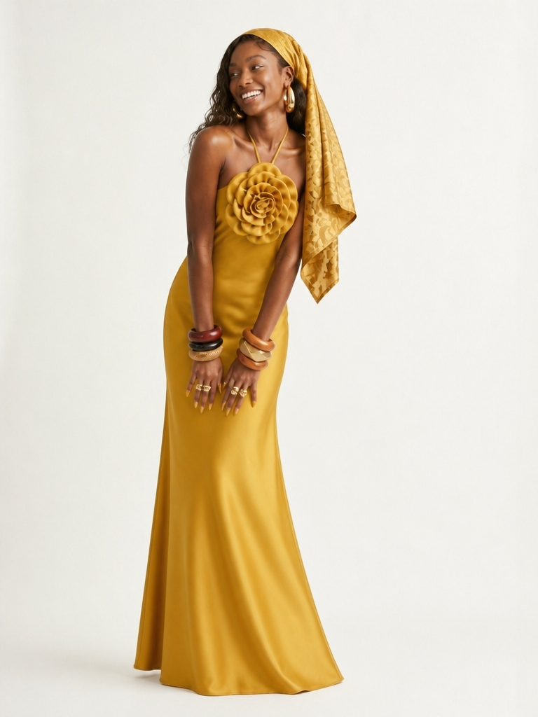 Gold Halter Floral Maxi Dress