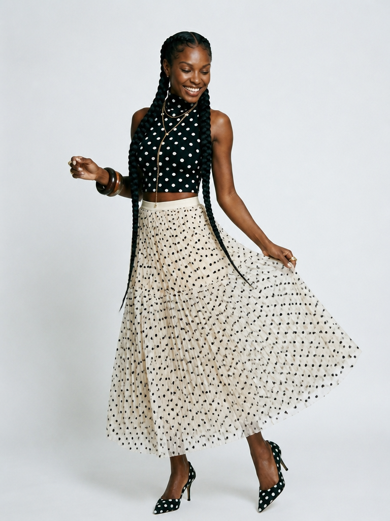 Polka Dot Mesh Midi Skirt