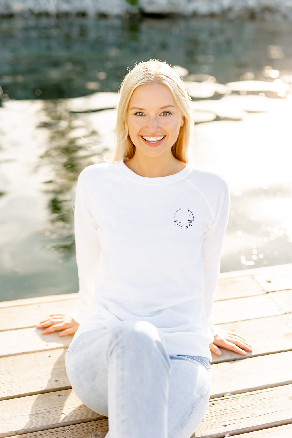Women's Sailing Crew Sweatshirt Left Chest, White