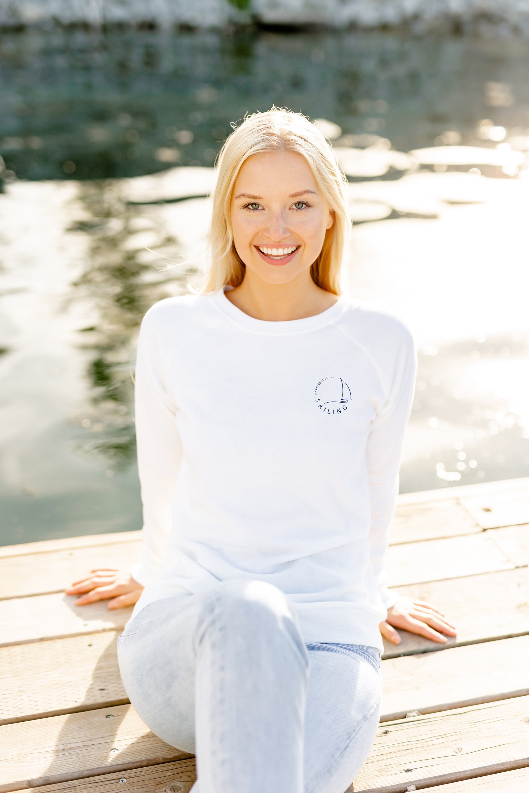 Women's Sailing Crew Sweatshirt Left Chest, White