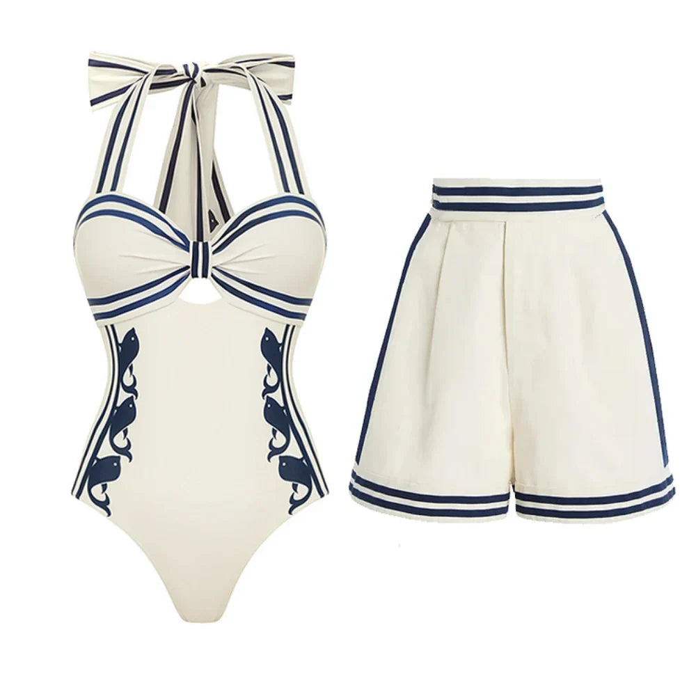 Confident Striped Ruffle Bikini Set with halterneck top, high-waisted bottoms, and matching pleated swim shorts