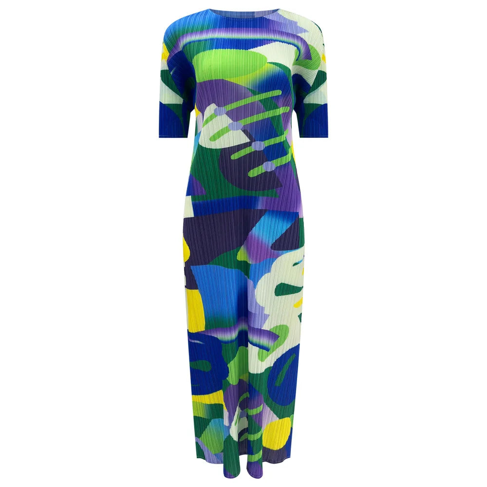 Pleated Abstract Midi Dress