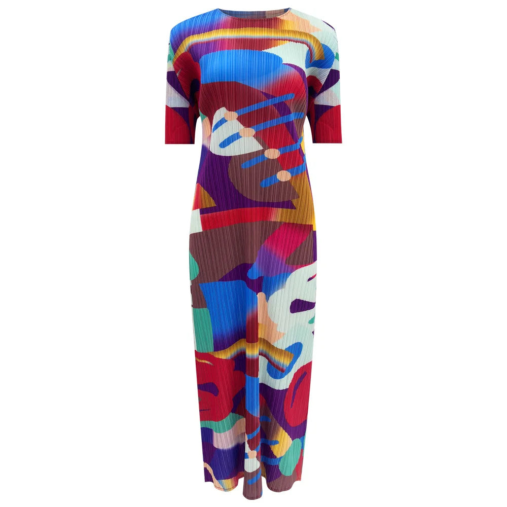 Pleated Abstract Midi Dress