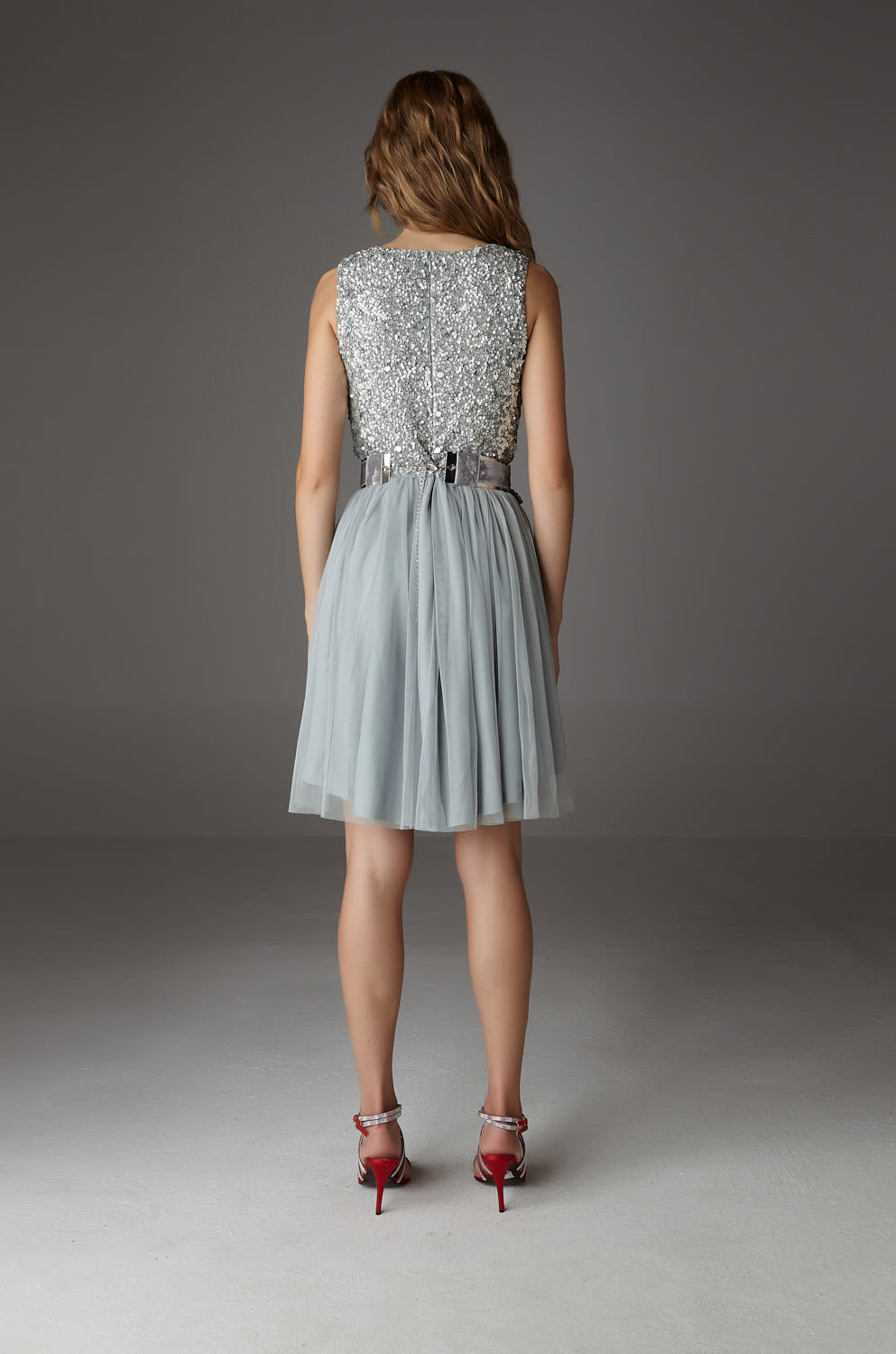 Grey Beaded Tulle Mini Dress
