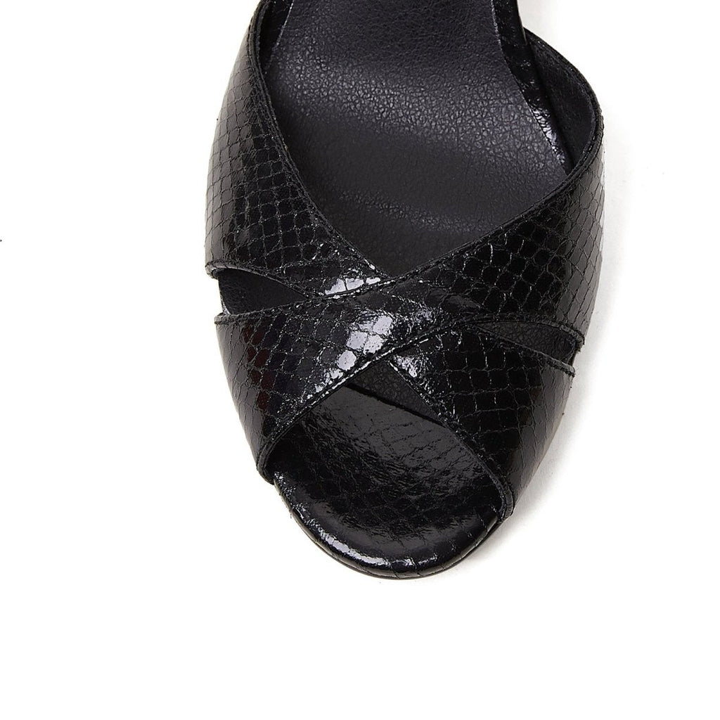 Black Python Ankle Strap Block Heel Sandals