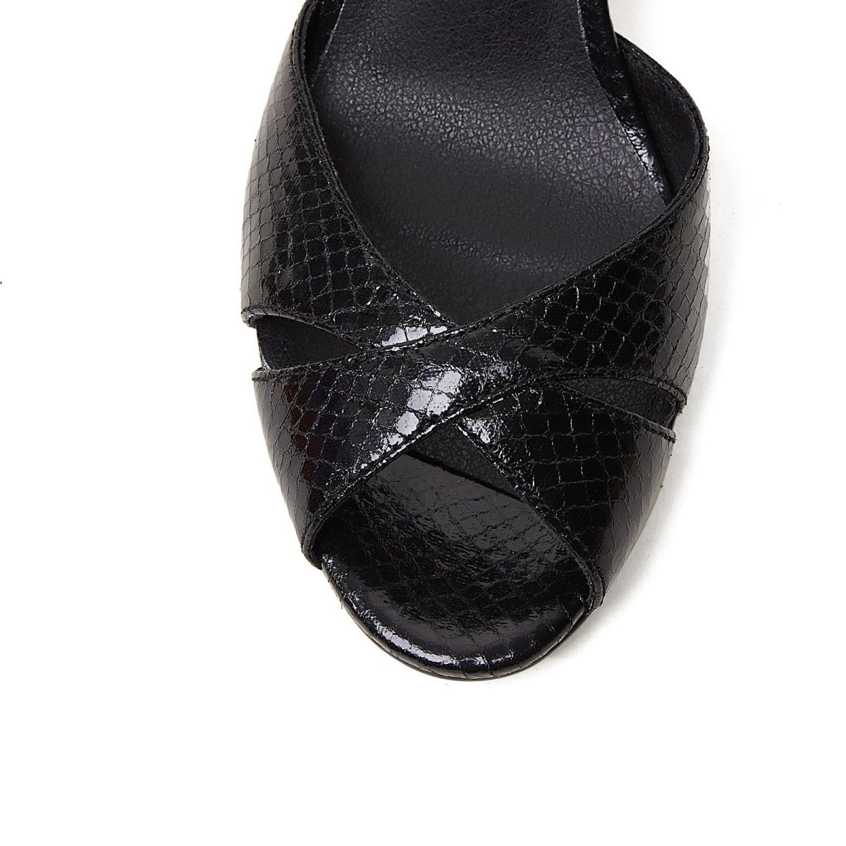 Black Python Ankle Strap Block Heel Sandals