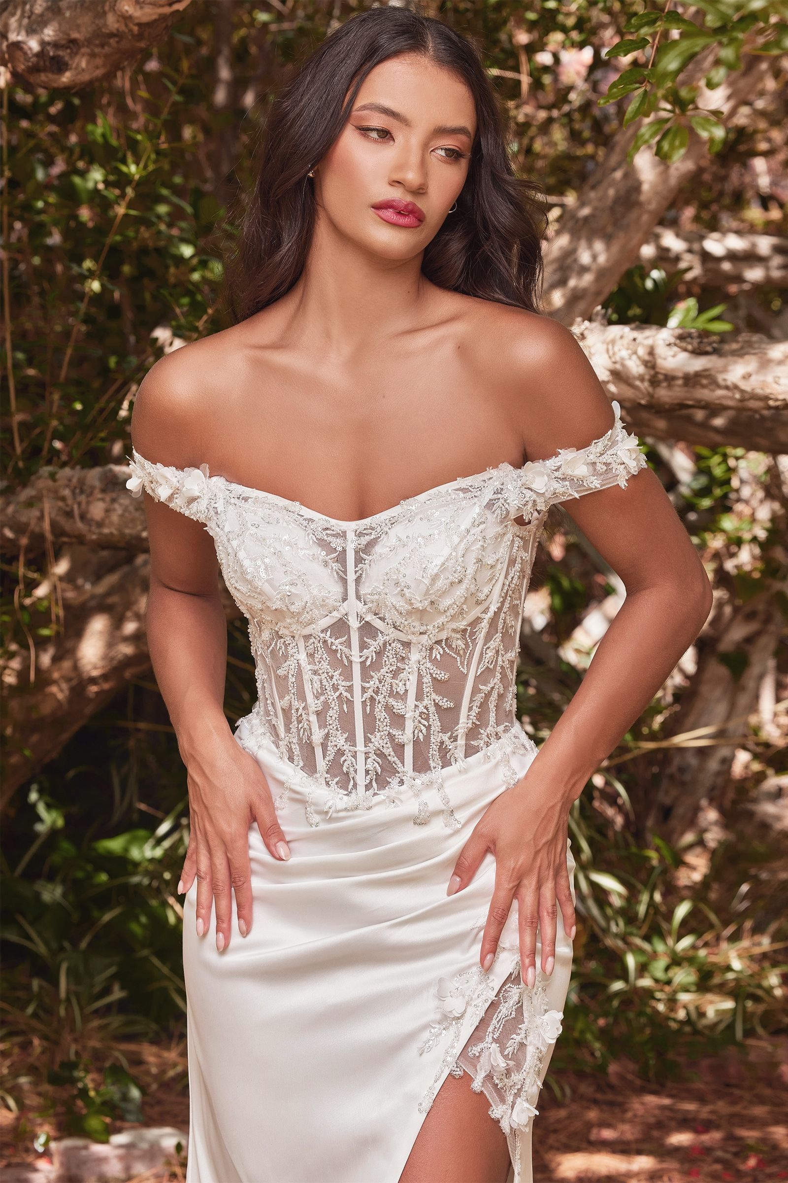 Off-Shoulder Lace Slit Gown