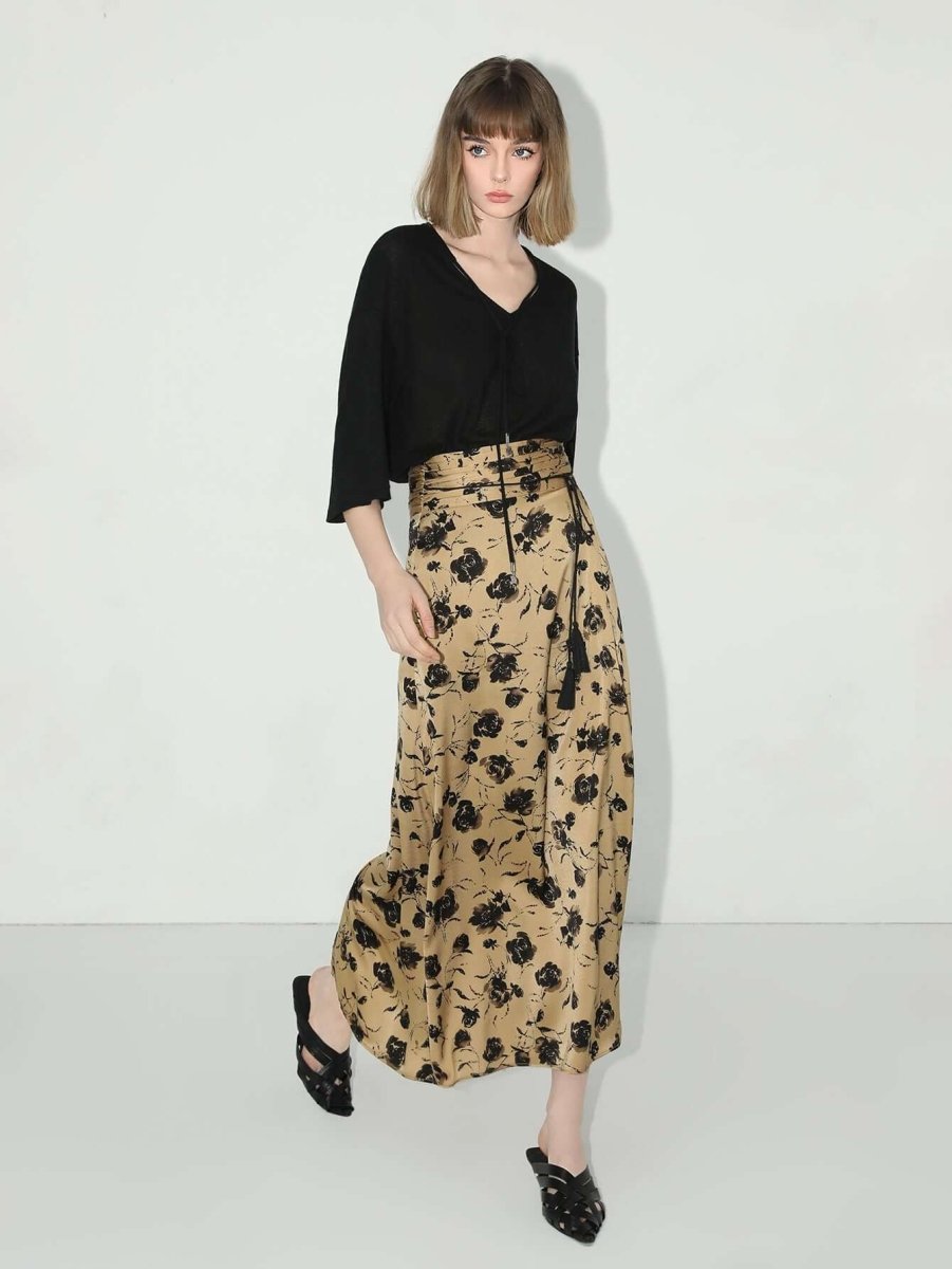 Pleated Floral Midi Skirt