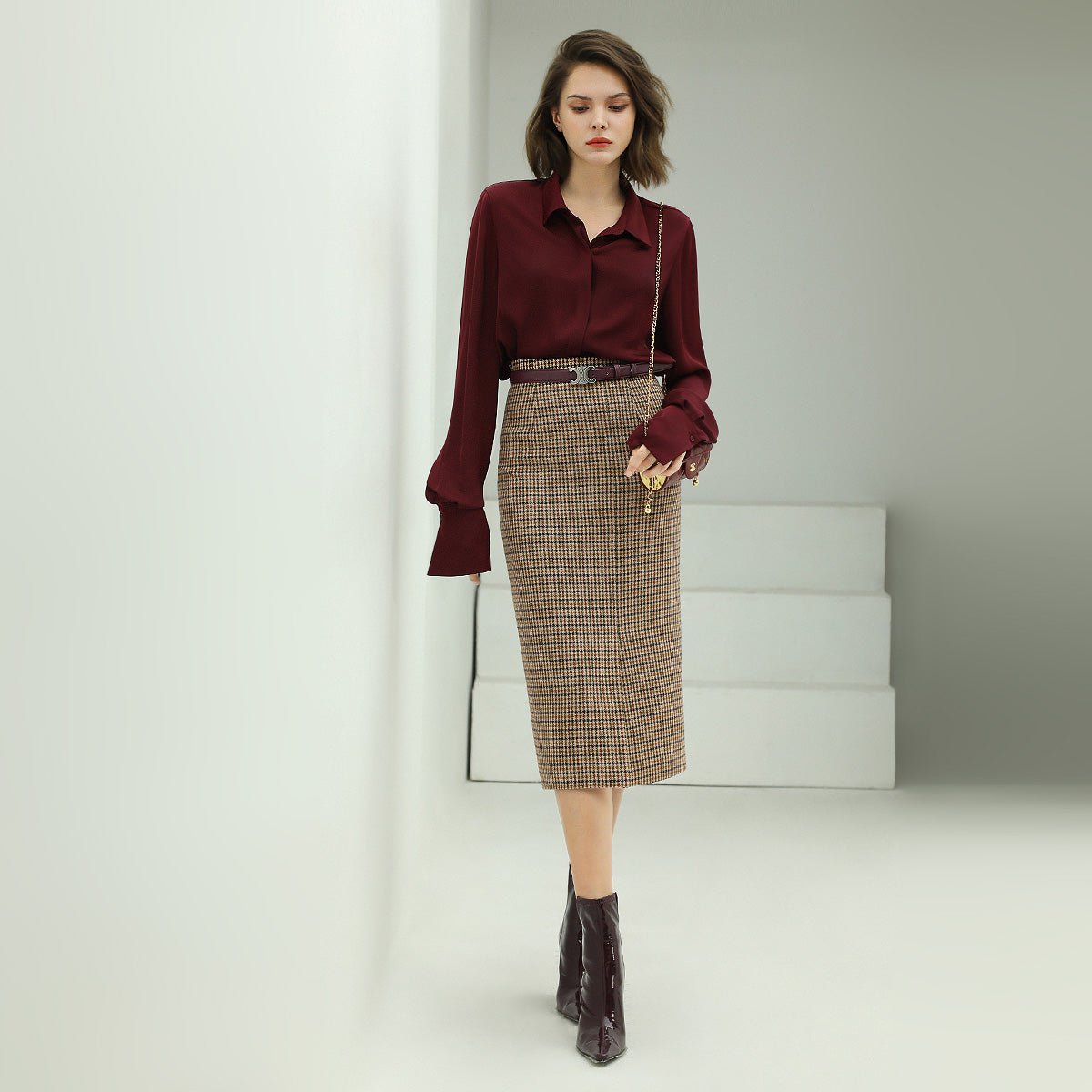Brown Wool Pencil Skirt