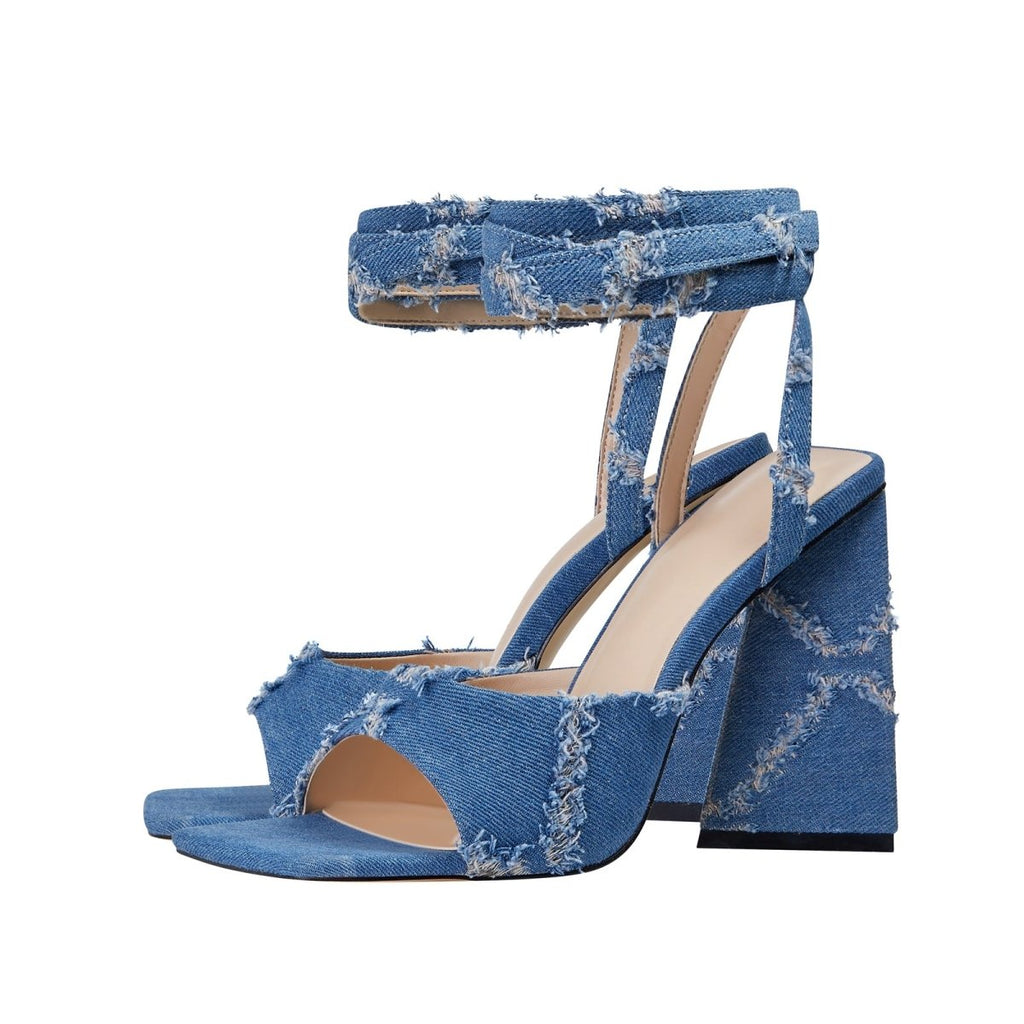 Square Toe Diamond Pattern Denim Ankle Strap Sandals