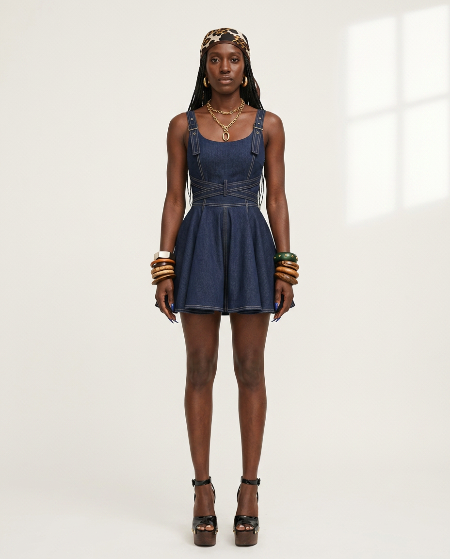 Stretch Denim Flared Dress