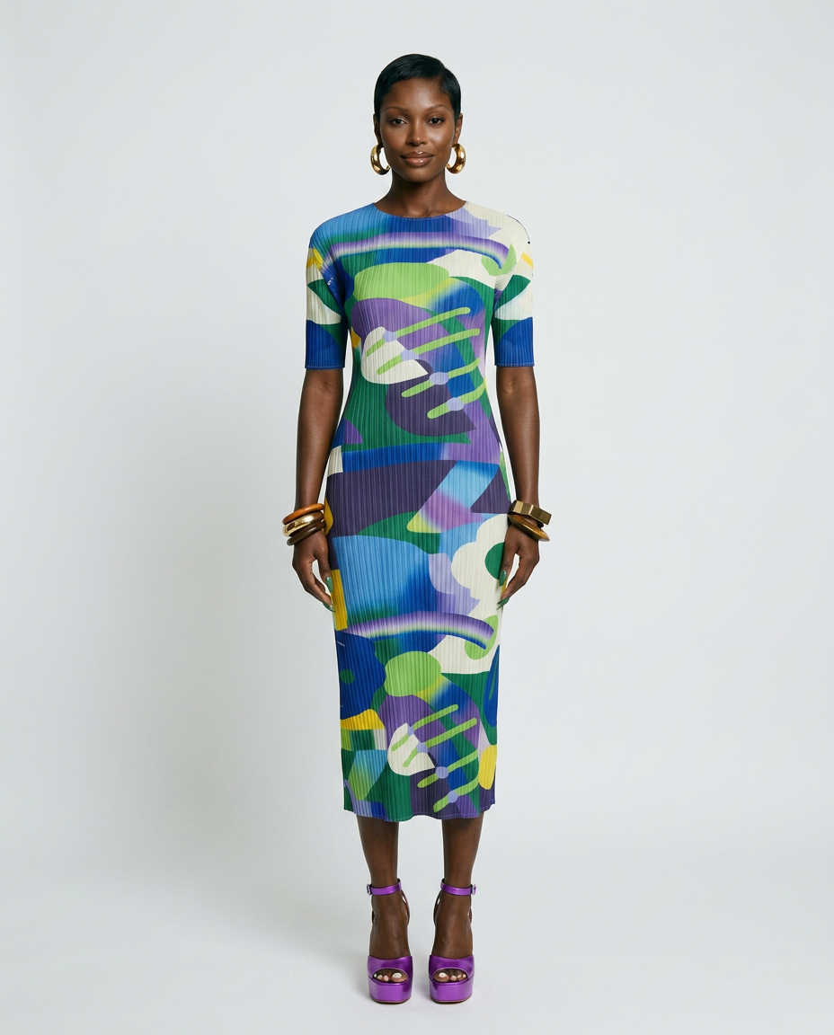Pleated Abstract Midi Dress