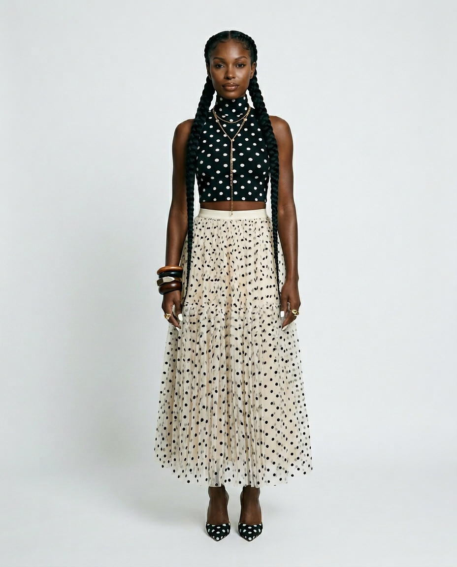 Polka Dot Mesh Midi Skirt